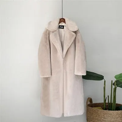 Women's Elegant Long Faux Fur Coat Loose High Quality Thick Warm Winter Vegan Fur Overcoat
