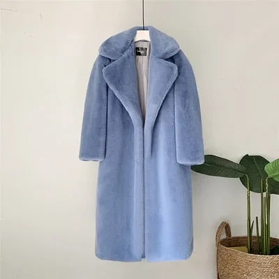 Women's Elegant Long Faux Fur Coat Loose High Quality Thick Warm Winter Vegan Fur Overcoat