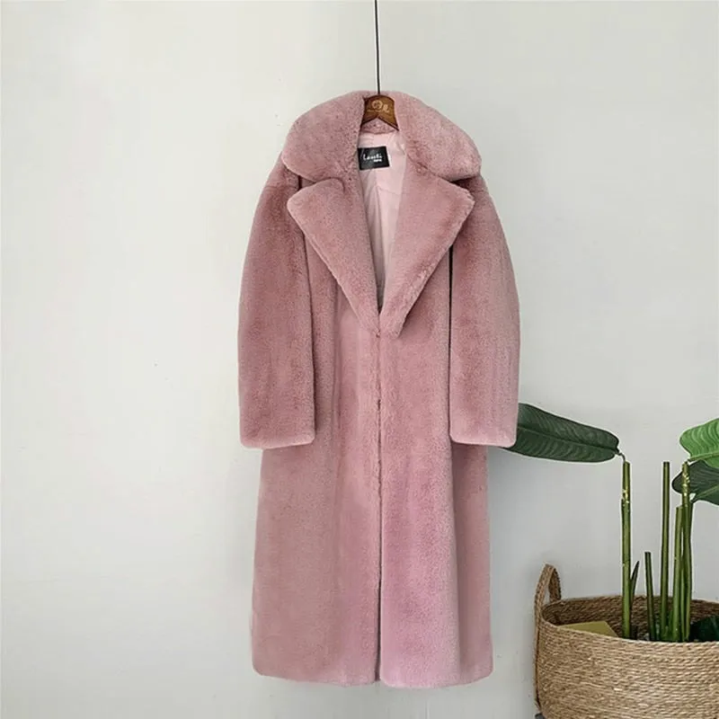 Women's Elegant Long Faux Fur Coat Loose High Quality Thick Warm Winter Vegan Fur Overcoat