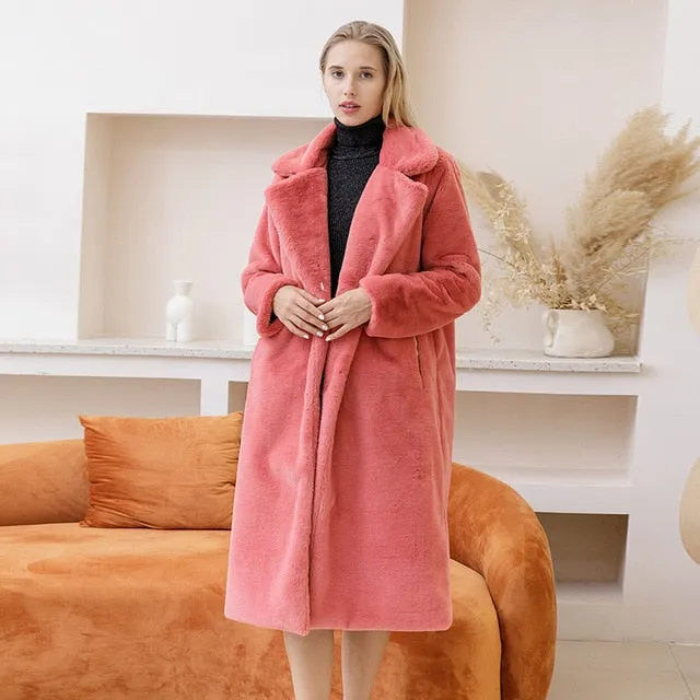 Women's Elegant Long Faux Fur Coat Loose High Quality Thick Warm Winter Vegan Fur Overcoat