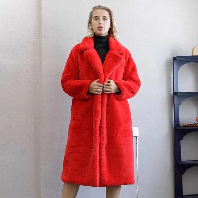 Women's Elegant Long Faux Fur Coat Loose High Quality Thick Warm Winter Vegan Fur Overcoat