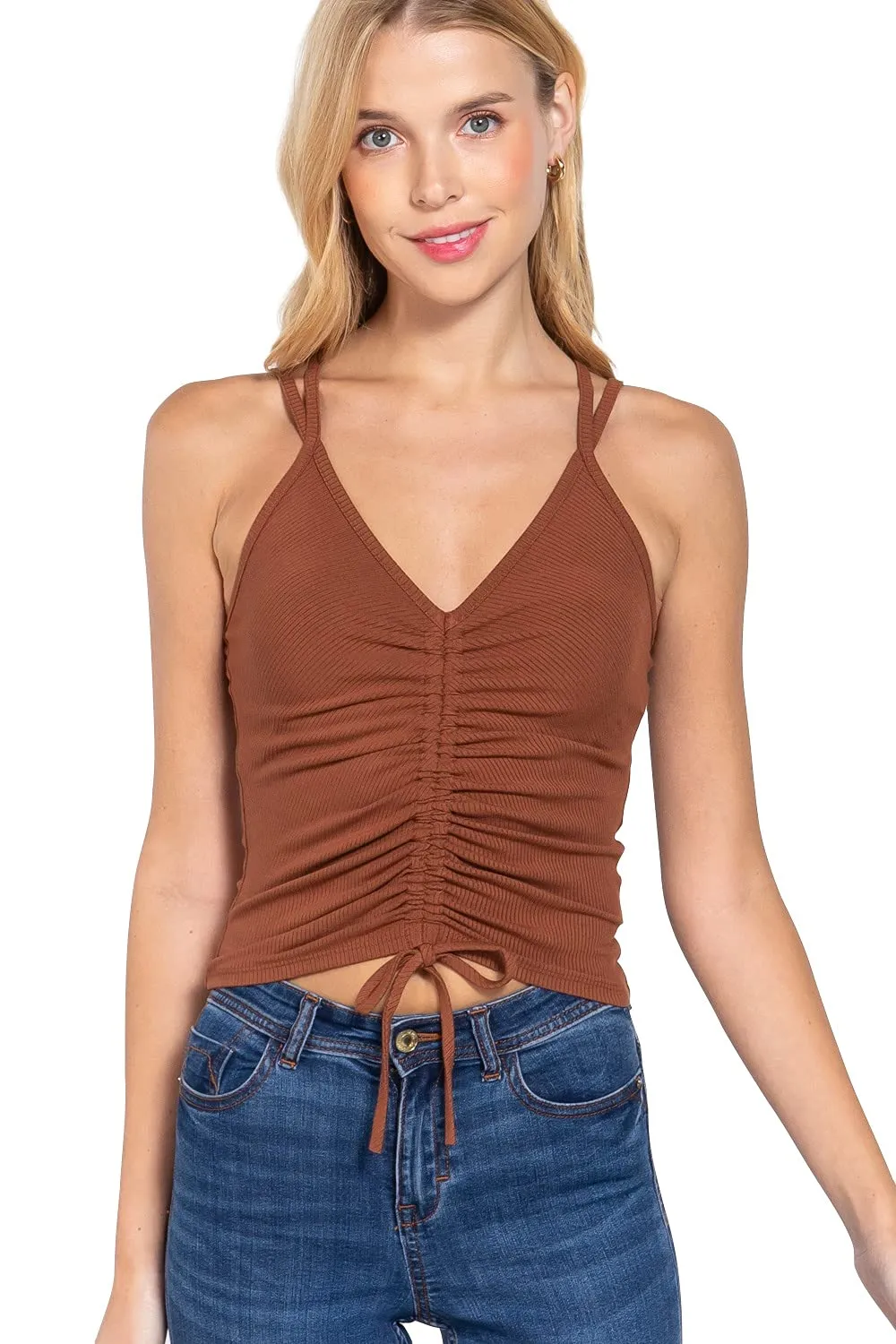 Women's Front Ruched Detail Cami Heavy Rib Knit Top
