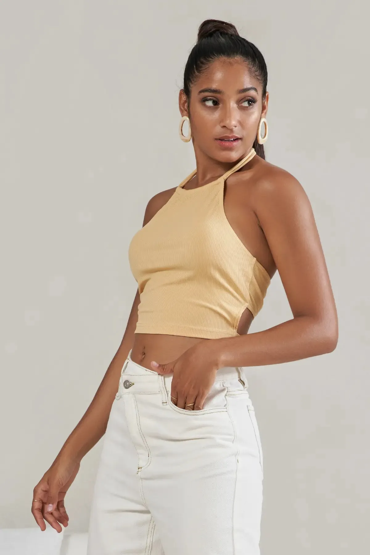 Women's Tie Neck Backless Rib Crop Top
