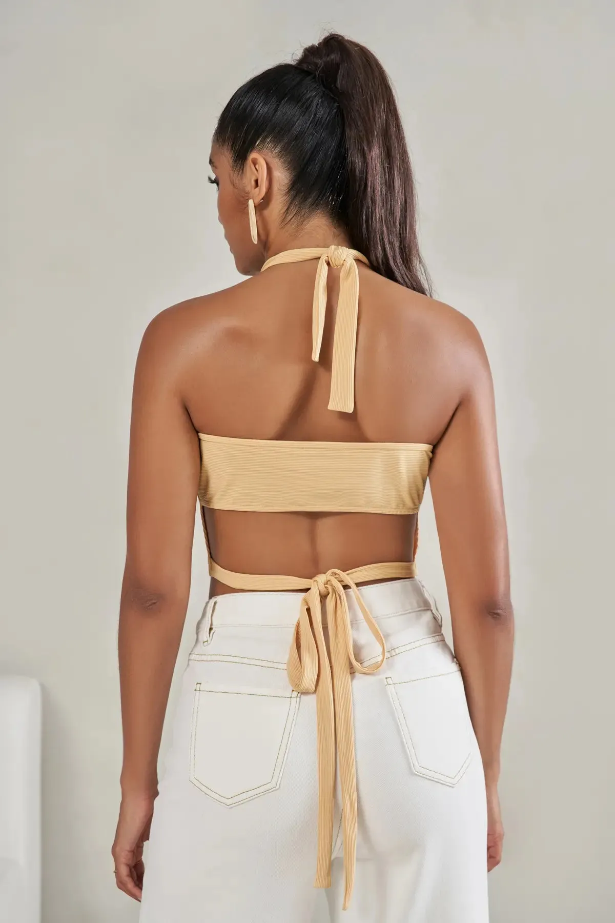 Women's Tie Neck Backless Rib Crop Top