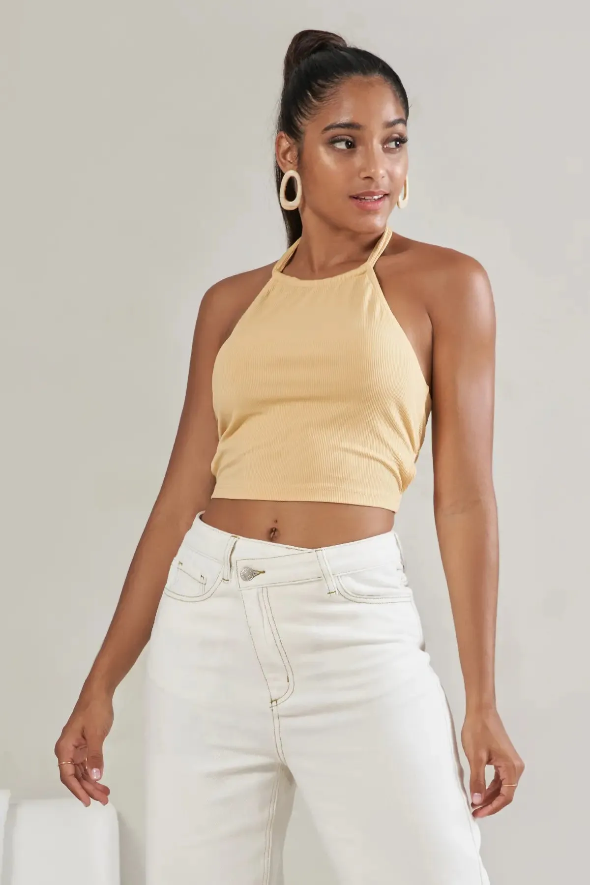 Women's Tie Neck Backless Rib Crop Top