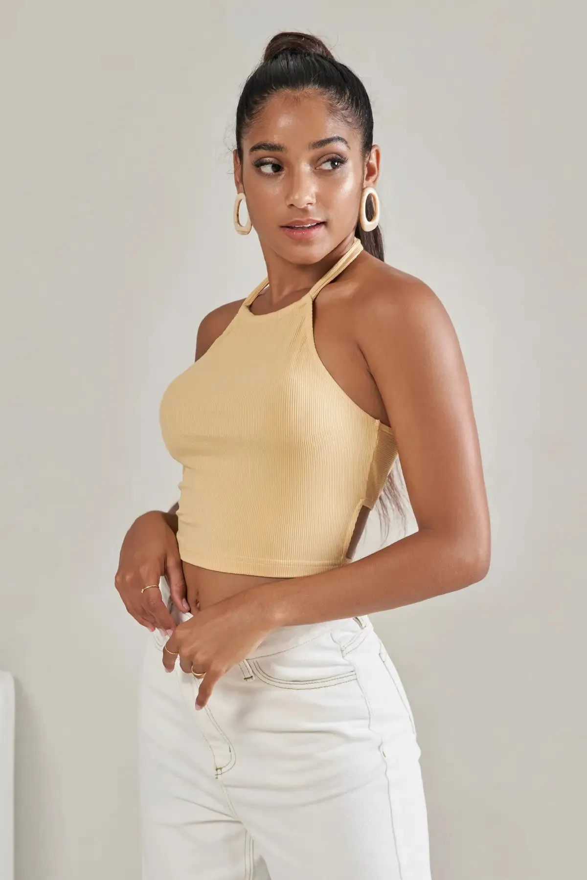 Women's Tie Neck Backless Rib Crop Top