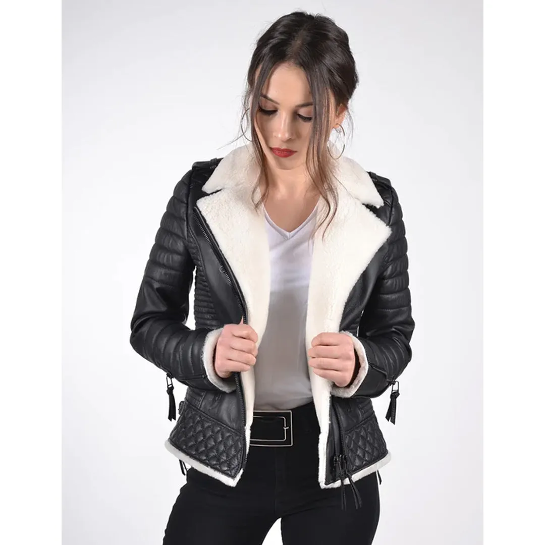 Women's White Shearling Leather Biker Jacket