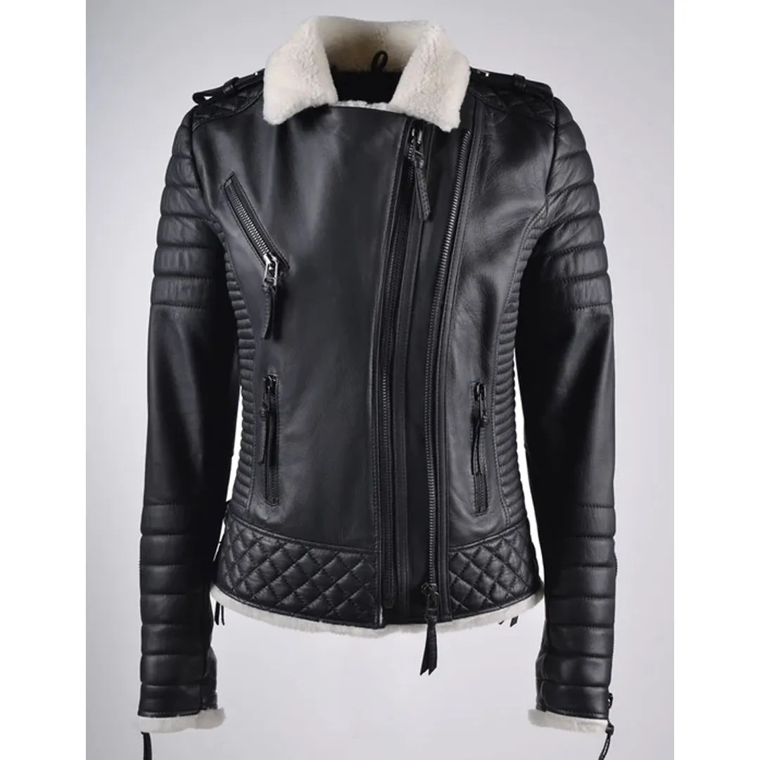 Women's White Shearling Leather Biker Jacket