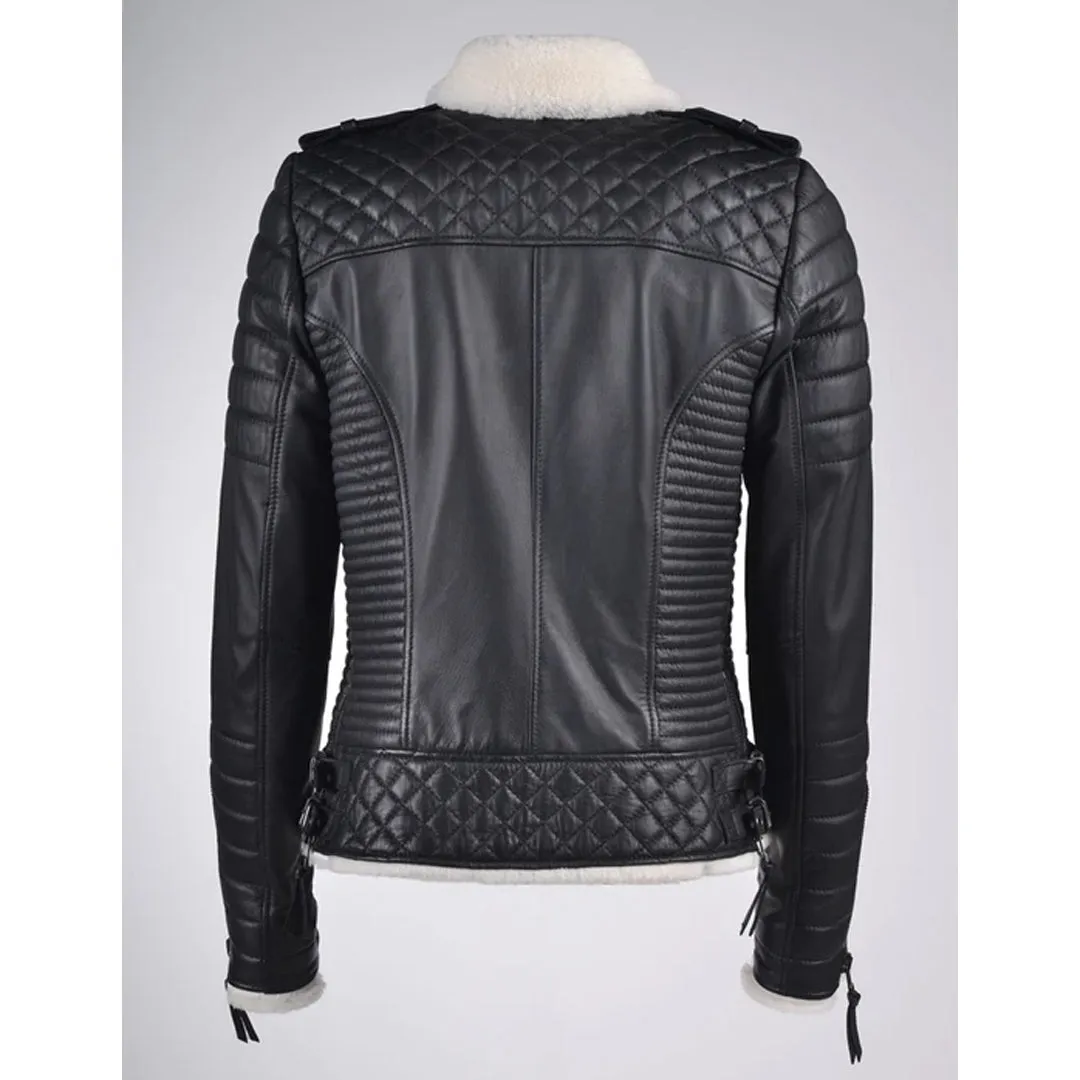 Women's White Shearling Leather Biker Jacket