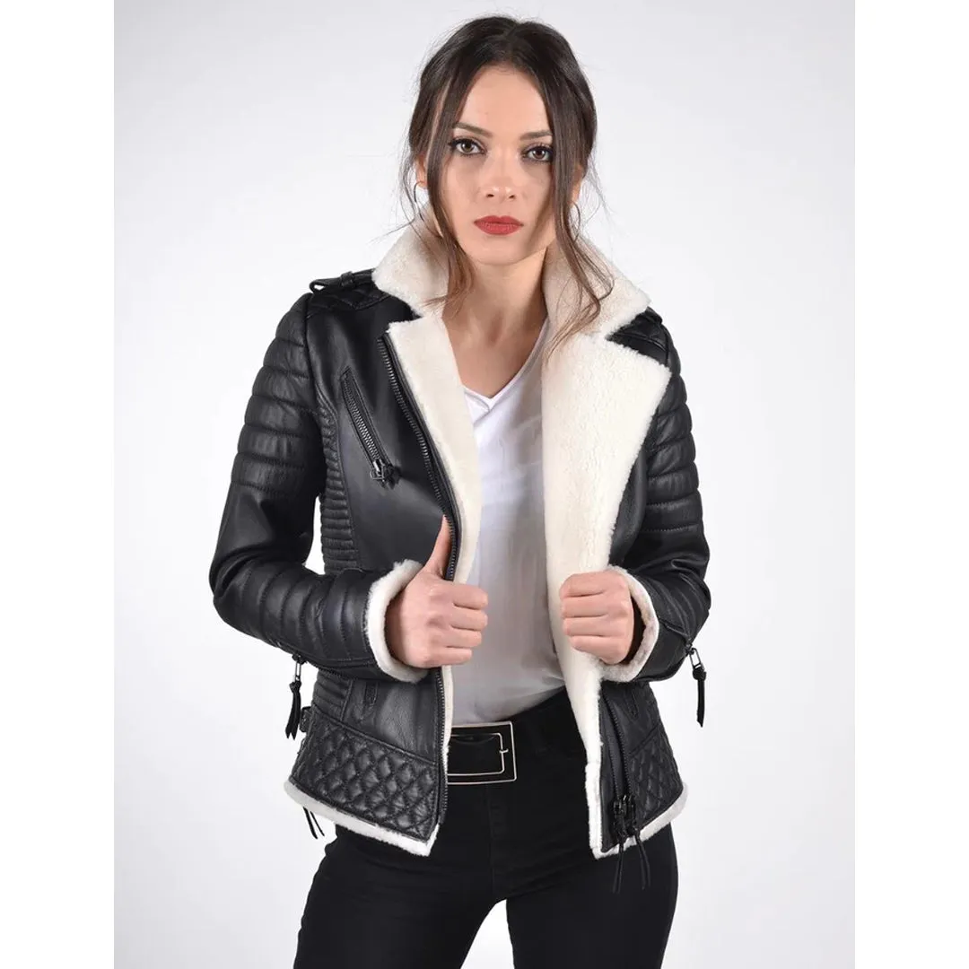 Women's White Shearling Leather Biker Jacket