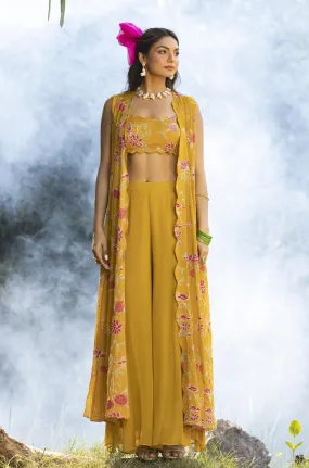 Yellow Crepe Resham Work Palazzo Clothing Set With Long Cape