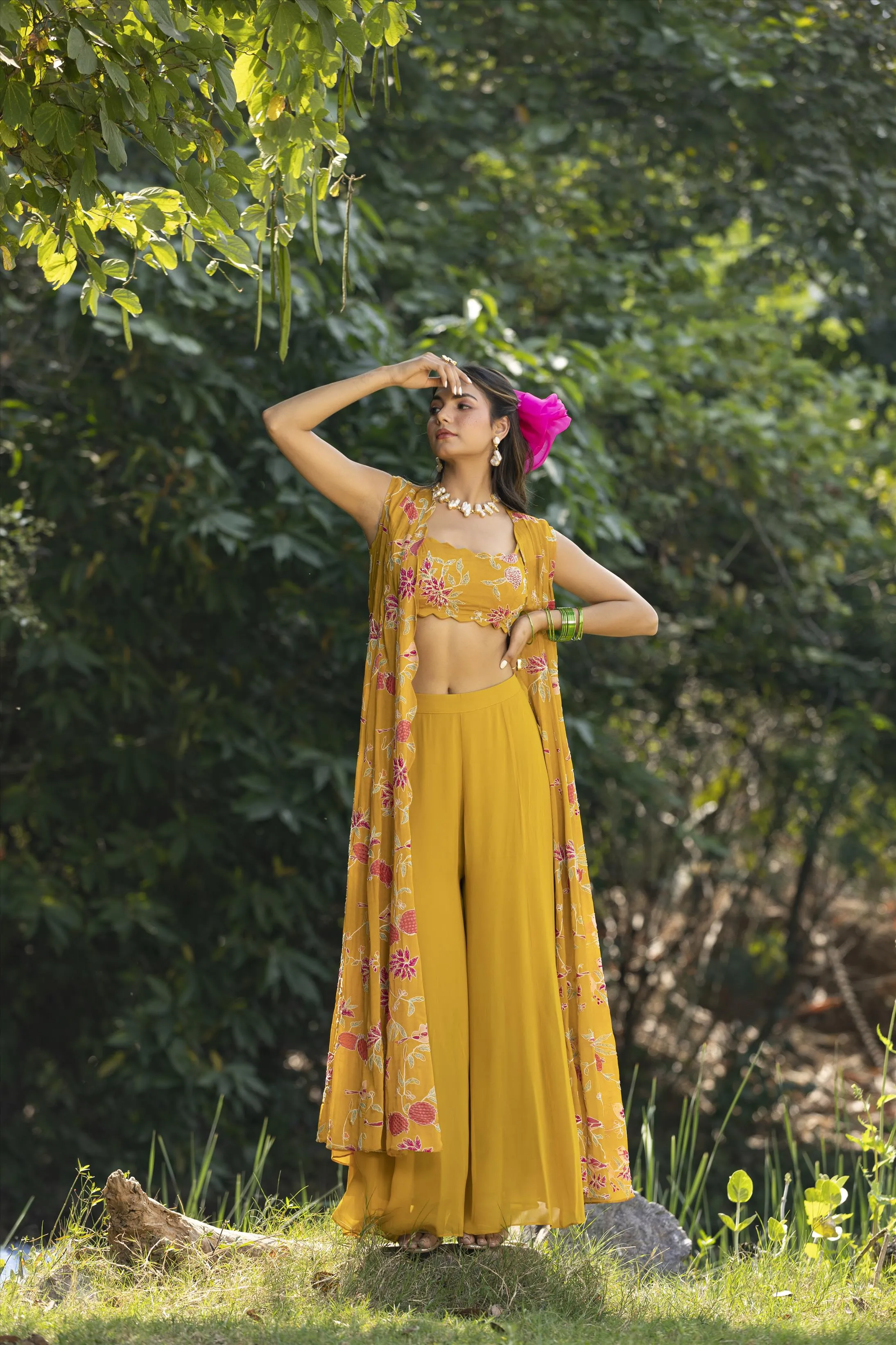 Yellow Crepe Resham Work Palazzo Clothing Set With Long Cape