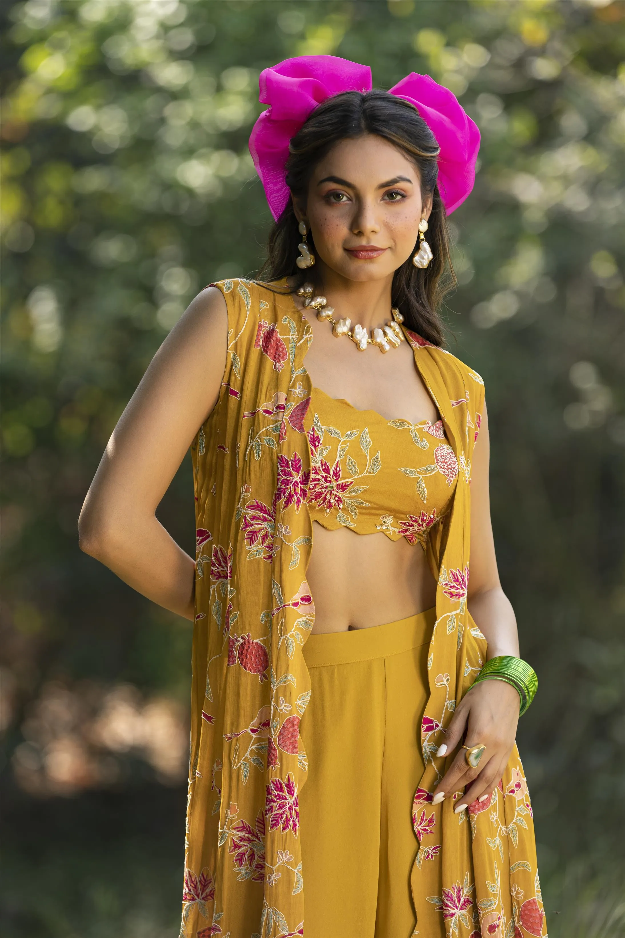 Yellow Crepe Resham Work Palazzo Clothing Set With Long Cape