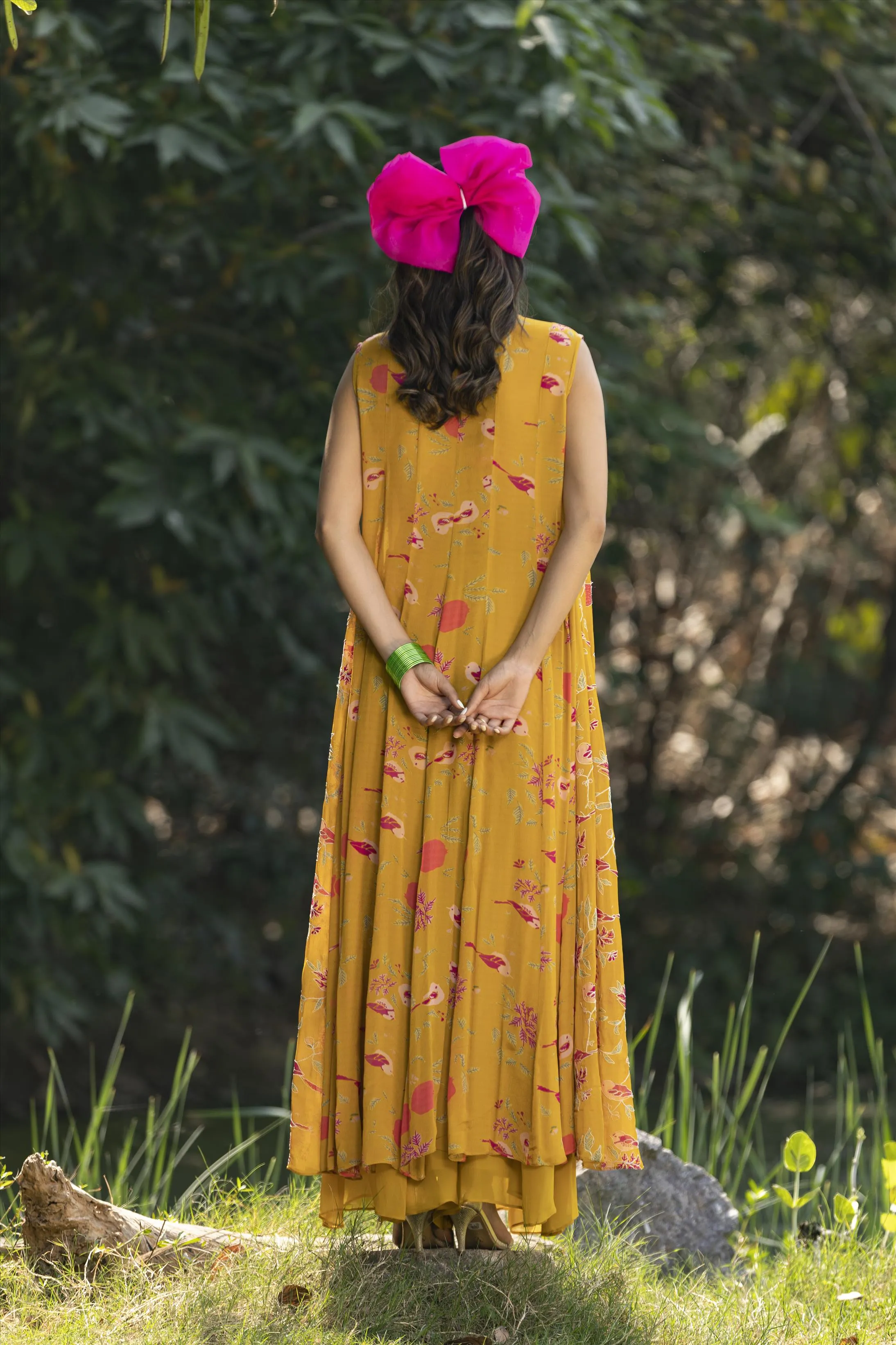 Yellow Crepe Resham Work Palazzo Clothing Set With Long Cape