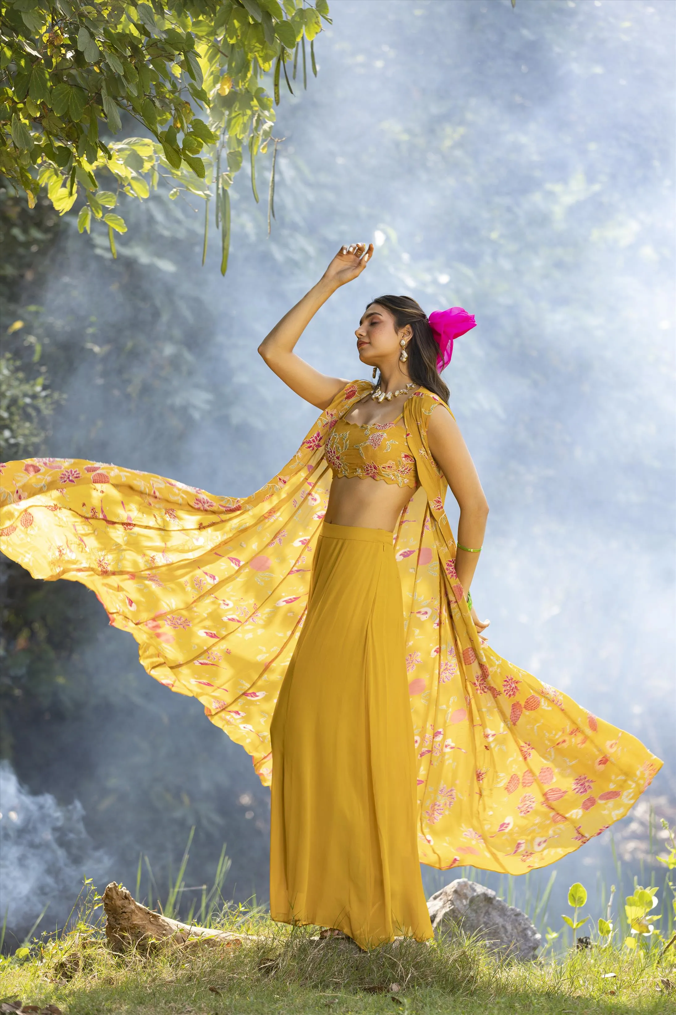 Yellow Crepe Resham Work Palazzo Clothing Set With Long Cape