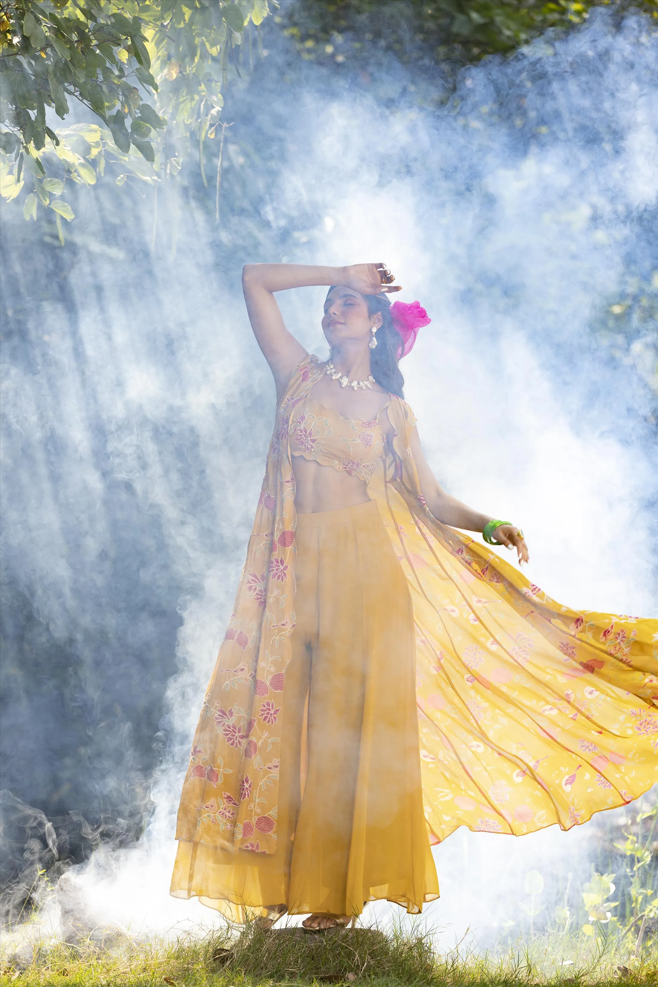Yellow Crepe Resham Work Palazzo Clothing Set With Long Cape