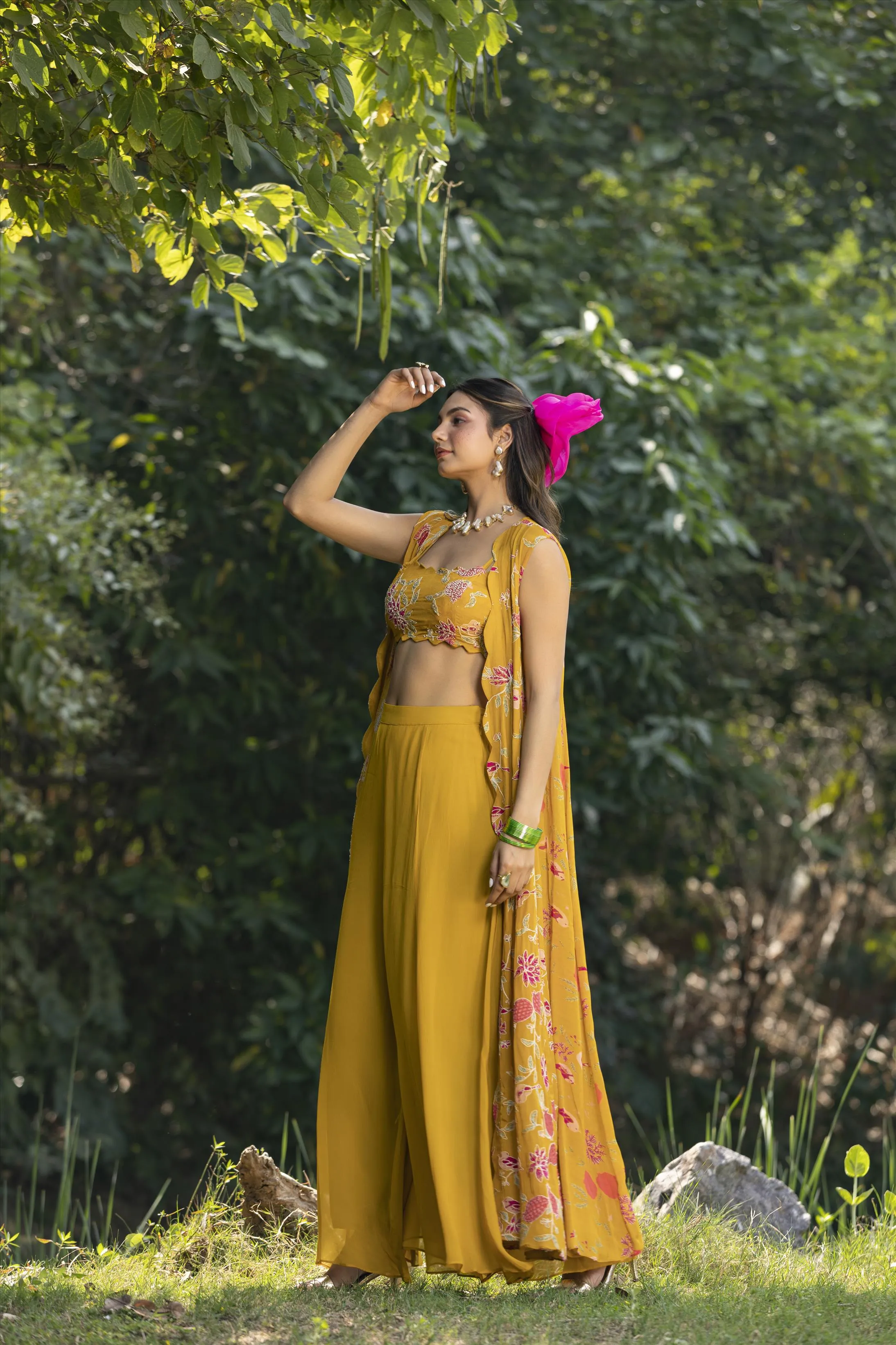 Yellow Crepe Resham Work Palazzo Clothing Set With Long Cape