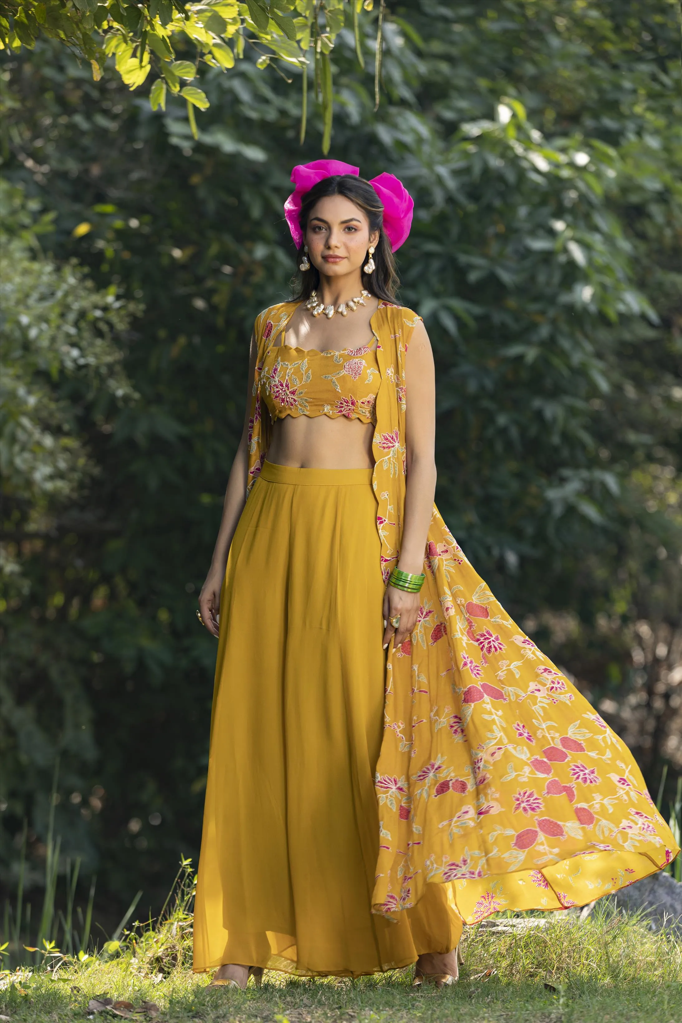 Yellow Crepe Resham Work Palazzo Clothing Set With Long Cape