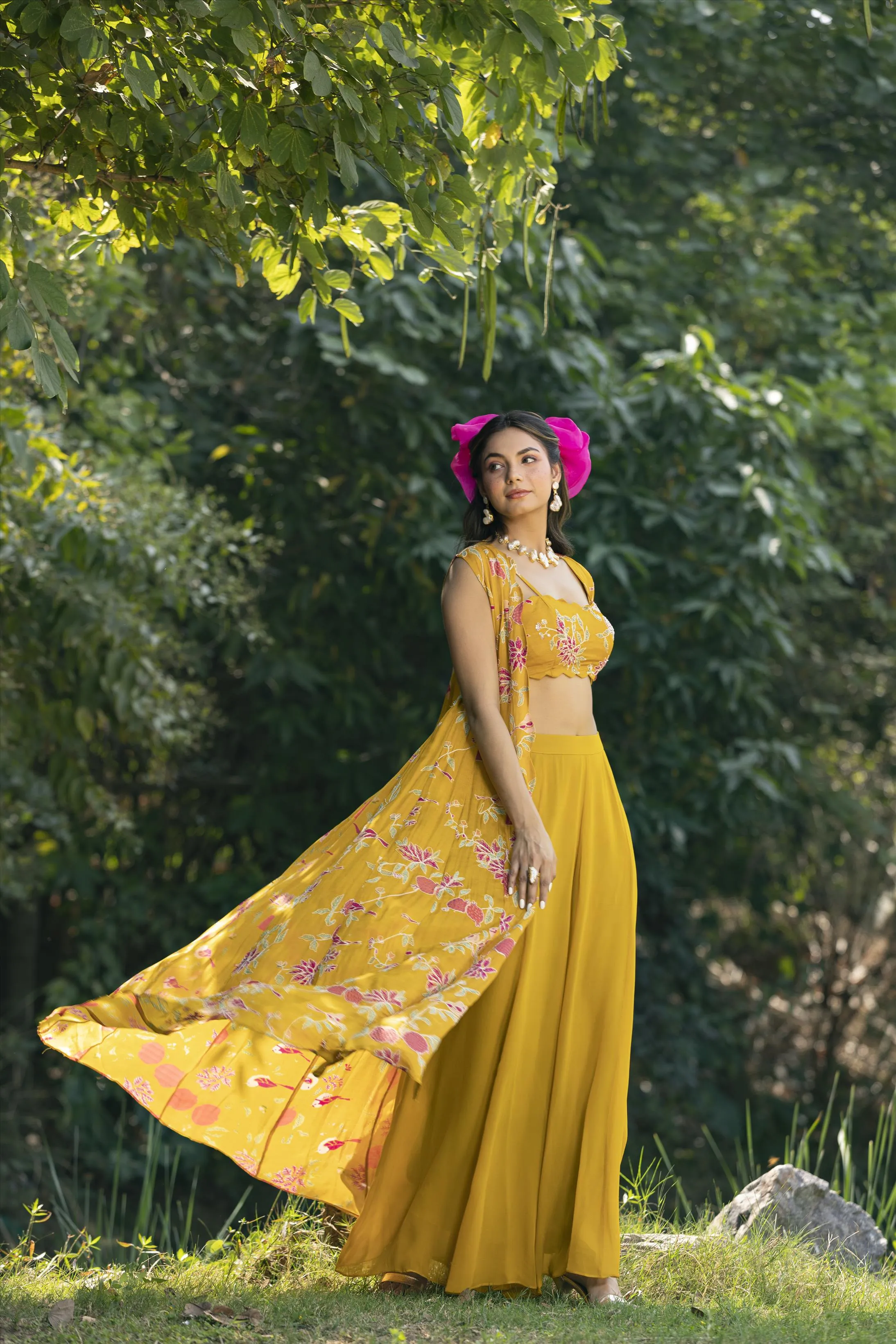 Yellow Crepe Resham Work Palazzo Clothing Set With Long Cape