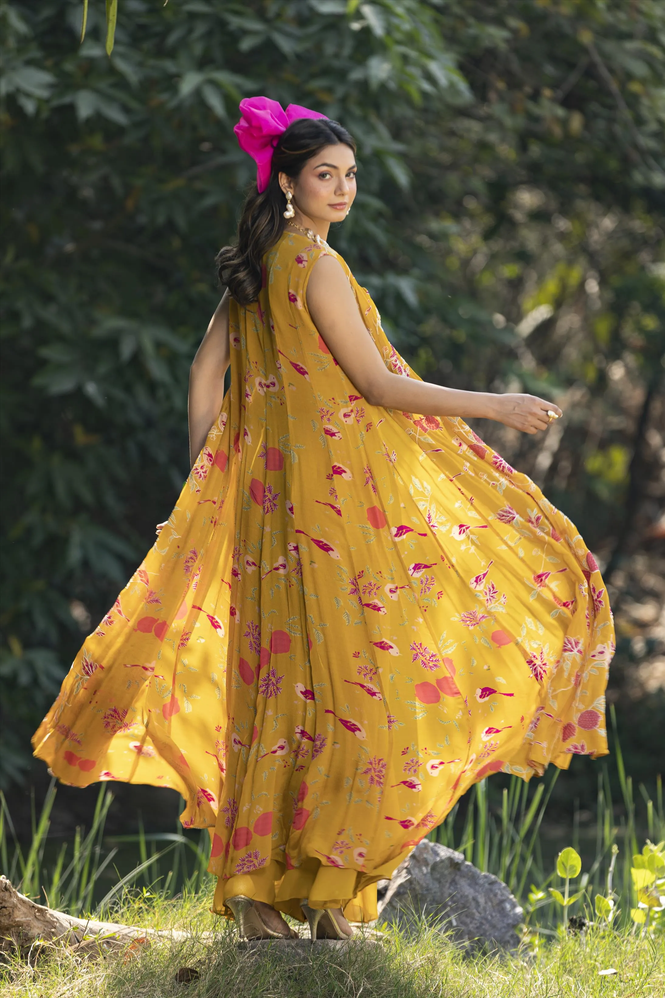 Yellow Crepe Resham Work Palazzo Clothing Set With Long Cape